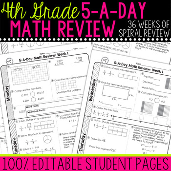 Preview of 4th Grade Daily Math Spiral Review Morning Work [Editable]