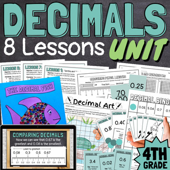 Preview of 4th Grade Decimals 8 Lessons Unit BUNDLE Slides, Games, Worksheets, Crafts