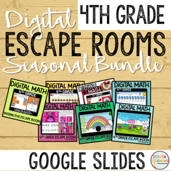 Preview of 4th Grade Digital Math Seasonal Escape Room Games PowerPoint and Google Slides