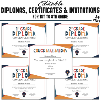 Preview of 4th Grade Diplomas, Editable Certificates for 1st-8th Grades, and Invitations