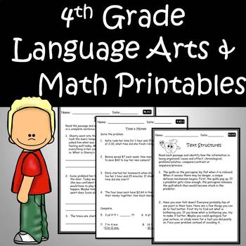 Preview of 4th Grade ELA Language Arts & Math Review Worksheets End of Year State Test Prep