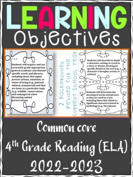 Preview of 4th Grade ELA Reading COMMON CORE Learning Objective Cards | Color and B&W