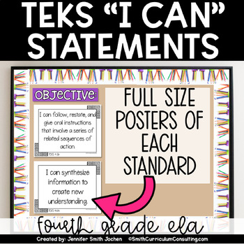 Preview of 4th Grade ELA TEKS I Can Statements Full Size Objective Posters Black and White