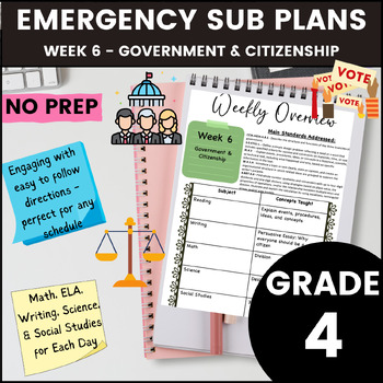 Preview of 4th Grade Emergency Sub Plans Week 6 - Branches of Government & Citizenship Unit