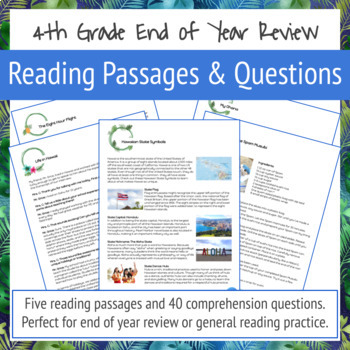Preview of 4th Grade End of Year Review Reading Passages- Hawaiian Themed