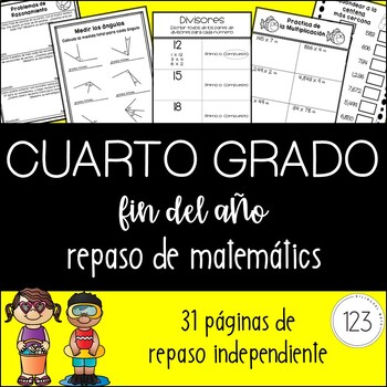 Preview of 4th Grade End of the Year Math Review - Spanish [[NO PREP!]] Packet