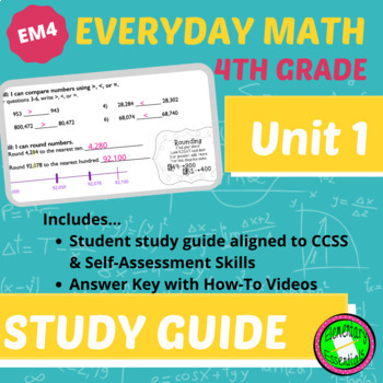 Preview of 4th Grade Everyday Math Unit 1 Study Guide w/Answers & Tutorial Videos