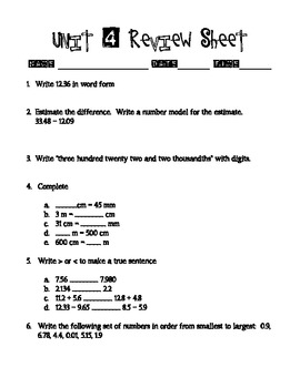 4th grade everyday math unit 4 review same format as test by heather s
