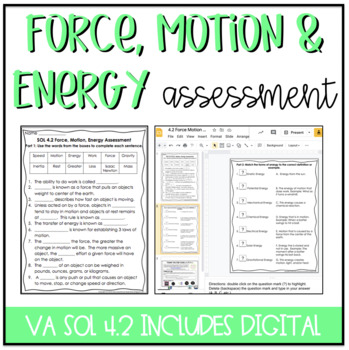 Preview of Force, Motion, Energy Assessment {Now includes GOOGLE version!}