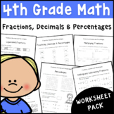 4th Grade Fractions, Decimals & Percentages Worksheet Pack