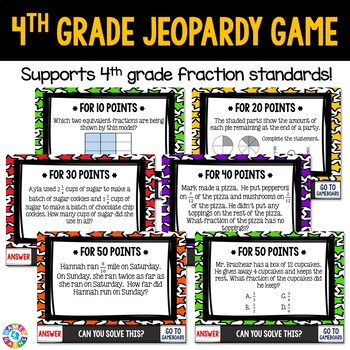 4th Grade Fractions Jeopardy Game Show 4.NF.1, 4.NF.2, 4.NF.3, 4.NF.4