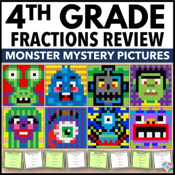 Preview of 4th Grade Fractions Review Color by Number Worksheets Equivalent Comparing Add