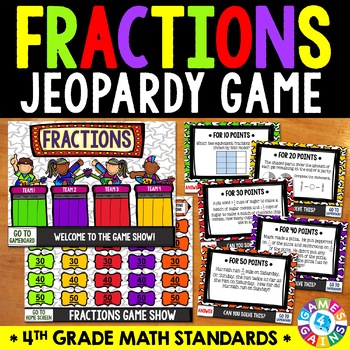 Preview of 4th Grade Fraction Unit Review Jeopardy Game Equivalent Comparing Add & Subtract