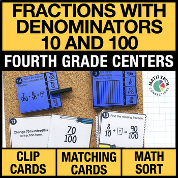 Preview of 4th Grade Fractions with Denominators of 10 or 100 Math Centers | Task Cards