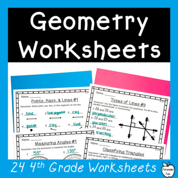 Preview of 4th Geometry Quadrilaterals Worksheets, Classifying Triangles, Measuring Angles
