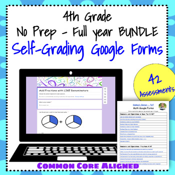 Preview of 4th Grade Google Form Math Quiz, FULL YEAR BUNDLE - 42 Forms Common Core Aligned