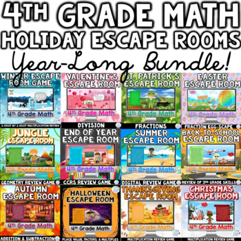 Preview of 4th Grade HOLIDAY Math Digital Escape Room Games Seasonal YEAR LONG BUNDLE