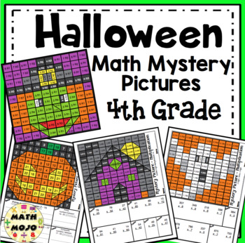 Preview of 4th Grade Halloween Math Mystery Pictures: Halloween Color By Number Activities