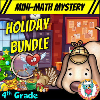 Preview of 4th Grade Holiday Mini Math Mysteries Bundle - Fun Math Review Activities 