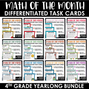 Preview of 4th Grade Math Task Cards Monthly Math Spiral Review Differentiated Bundle