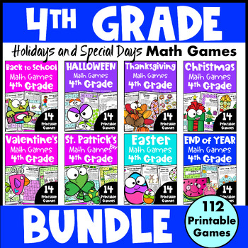 Preview of 4th Grade Holidays Math Game Bundle - End of Year, Back to School, Halloween etc