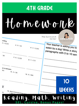 Preview of 4th Grade Homework Packet! 10 Weeks! 100% NO PREP! (editable!)
