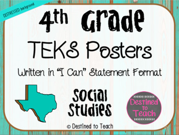Preview of 4th Grade “I Can” Statement TEKS Objectives Posters for SS - Distressed