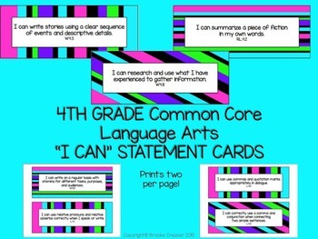 Preview of 4th Grade "I Can" Statements for Common Core Language Arts