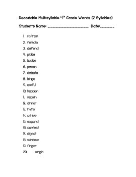 4th Grade Level Multisyllable Decodable Words 2 Syllables | TpT