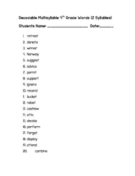 4th Grade Level Multisyllable Decodable Words 2 Syllables | TpT