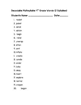 Preview of 4th Grade Level Multisyllable Decodable Words 2 Syllables