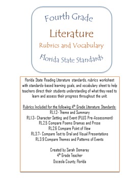 Preview of 4th Grade Literature Rubrics and Learning Goals- Florida