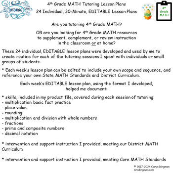 Preview of 4th Grade MATH 24 Individual Editable Tutoring Lesson Plans