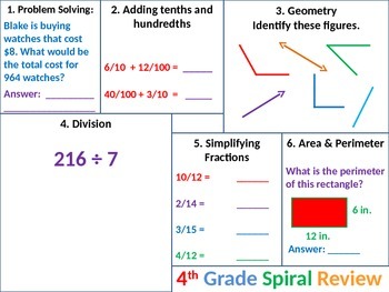 Preview of 4th Grade MATH Common Core Spiral Review 4