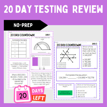 Preview of 4th Grade Math End of the Year Test Prep Countdown Review Worksheets