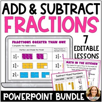 Preview of Add and Subtract Fractions Editable PowerPoint Lessons BUNDLE - 4th Grade Math