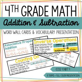 Preview of 4th Grade Math - Addition & Subtraction Vocab - Word Wall Cards & Presentation