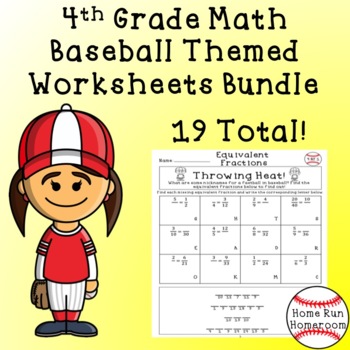 Preview of 4th Grade Math Baseball Themed Worksheets Bundle