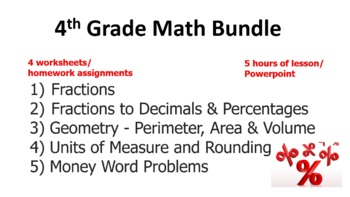 Preview of 4th Grade Math Bundle- Fractions, Decimals & Percent, Geometry - 5 lessons, 4 ws