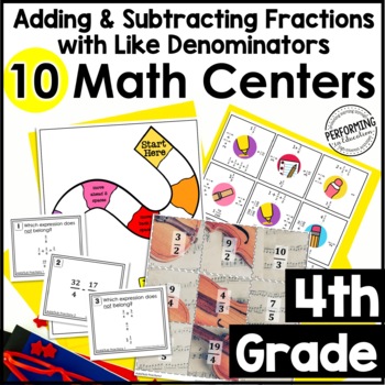 Preview of 4th Grade Math Centers | 10 Fraction Centers | Adding & Subtracting Fractions