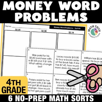 Preview of 4th Grade Math Centers Money Word Problem Practice Worksheets Review Math Sorts