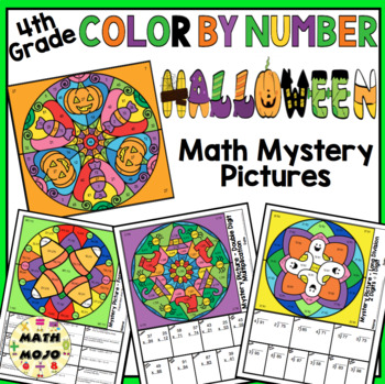 Preview of 4th Grade Math Color By Number Designs: Halloween Math Mystery Pictures