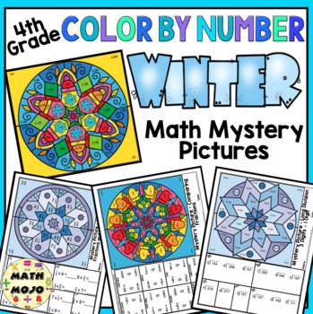 Preview of 4th Grade Math Color By Number Designs: Winter Math Mystery Pictures