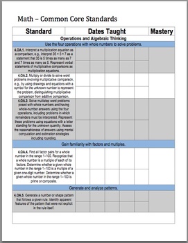 Preview of 4th Grade Math Common Core Checklist
