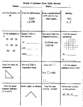 4th Grade Math Common Core Daily Review Week 1 by Kevin ...