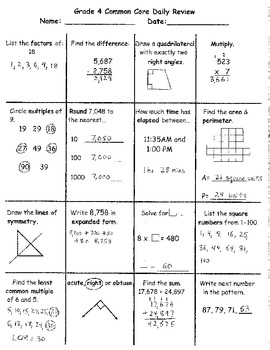 4th grade math common core daily review week 1 by kevin