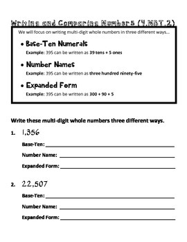 4th Grade Math Common Core Worksheet 4.NBT.2 by TeachLiveDream