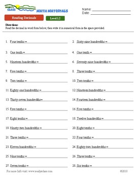 4th Grade Math Decimals - Reading Decimals Leveled Worksheets/Homework