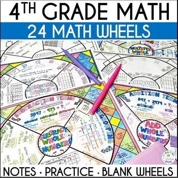 Preview of 4th Grade Math Wheels Interactive Notebooks, Guided Notes  Fractions, Area, more