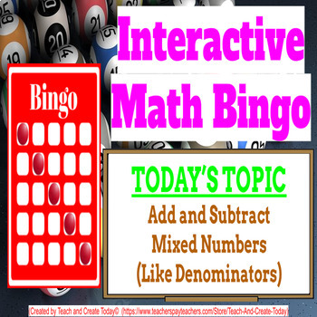 Preview of 4th Grade Math Game Bingo #16 Fractions Add Subtract Mixed #s Same Denominator